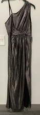 Adrianna Papell Dress Metallic Jersey Size 12 One Shoulder Long Formal Gown Slit