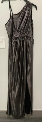 adrianna papell metallic jersey dress Adrianna Papell Metallic Asymmetrical Neck Sleeveless Gown