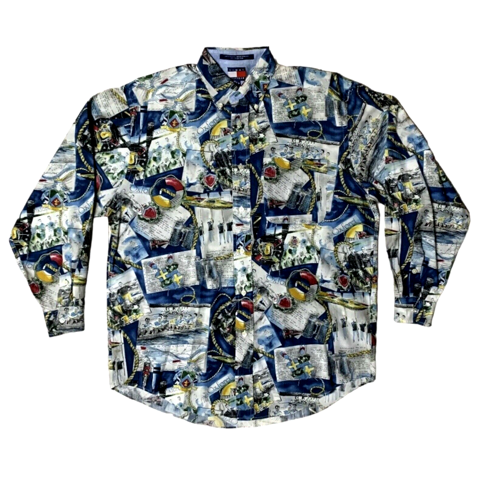 FILA Camicia Vintage Y2K Tommy Hilfiger L S Bottoni Preppy Oxford Squadra Canottaggio AOP Uomo XL