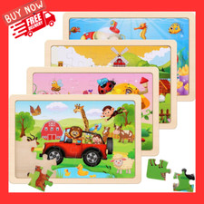 Wooden Puzzles Toys for Kids Ages 3-5, Set of 4 Packs with 24-Piece Farm, Insect
