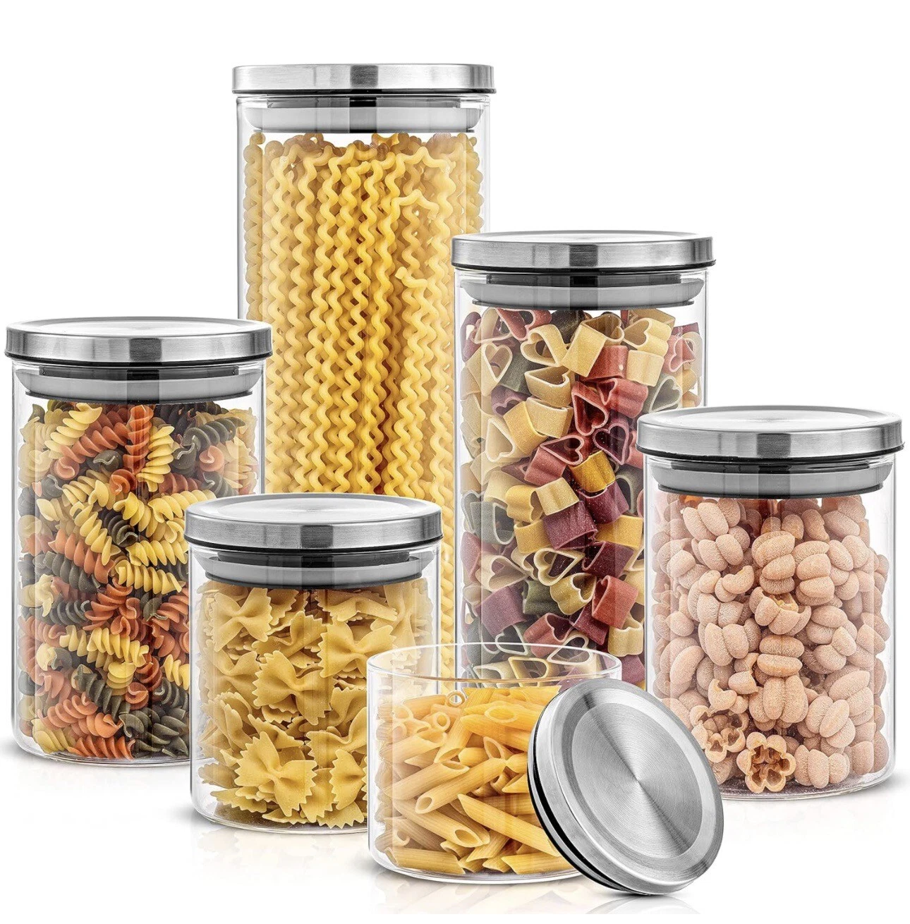 JoyJolt Kitchen Canister Set. 6 Glass Jars with Lids (Stainless Steel)