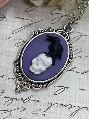 Purple Silver Gothic Crow Raven Rose Skull Wedding Jewelry Prom necklace Cameo