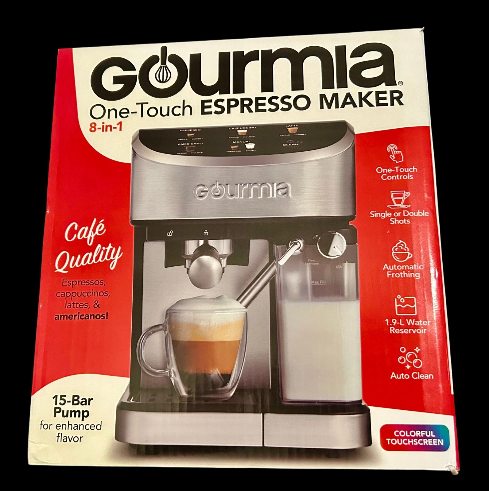 New Gourmia 8-in-1 One-Touch Espresso Maker, Sealed, 15-Bar Pump, Auto Frothing