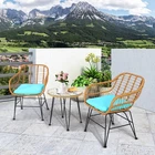 3PCS Rattan Patio Bistro Set Conversation Furniture Set w/ Turquoise Cushions