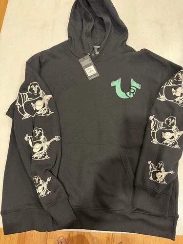 True Religion Men’s Pullover Jacket L Black Long Sleeve Relaxed Utopia Hoodie - product listing photo
