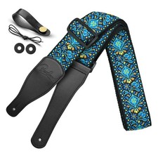Guitar Strap, Jacquard Embroidered Cotton Straps with Genuine Leather Ends Sh...
