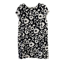 Loft Dress Womens Sz 12p Black White Shift Sheath Mini Short Sleeve Geometric