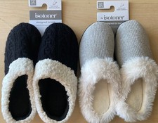 NEW Isotoner Women Large 8.5-9 Faux Fur Slippers Black or Gray Slip Ons Washable