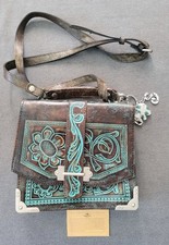 PATRICIA NASH TURQUOISE TOOLED LEATHER SATCHEL CROSSBODY HAND BAG PURSE BOHO