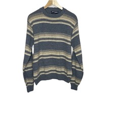 Robert Bruce Vintage Sweater Men's L Blue Tan Striped Knit Crew Neck Pullover