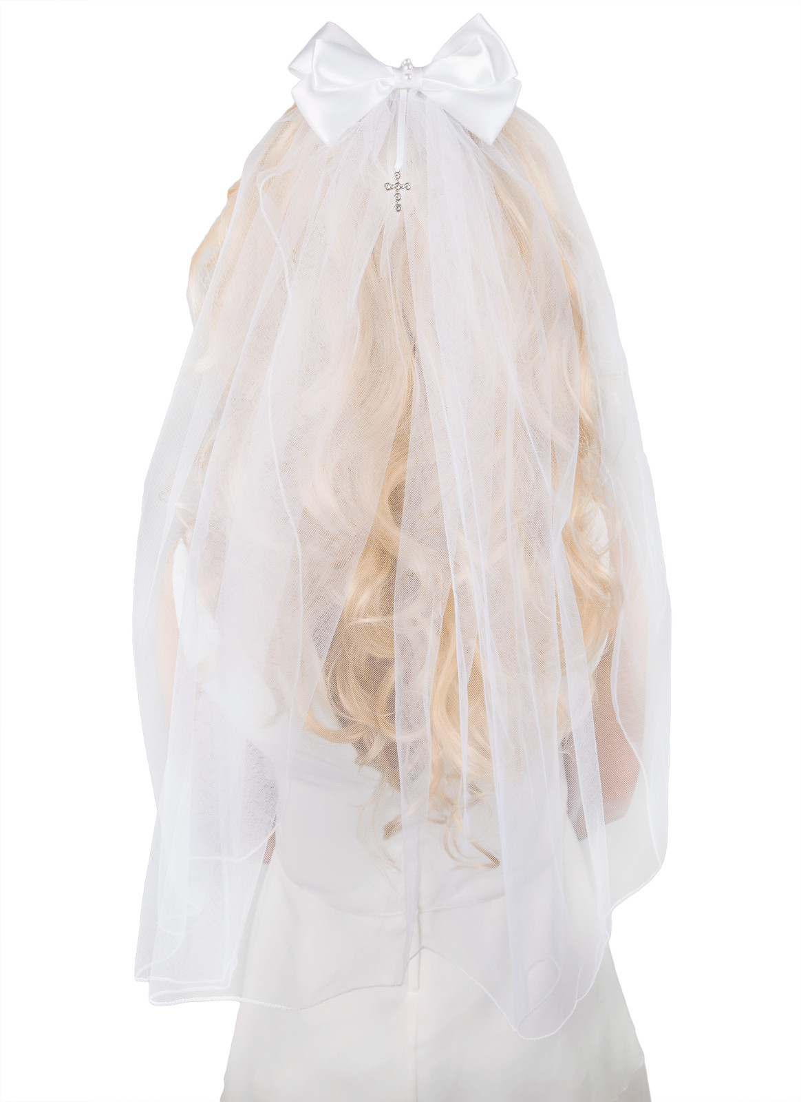 Girl's White First Holy Communion/Confession Veil with Diamante Cross Bow, 21""L
