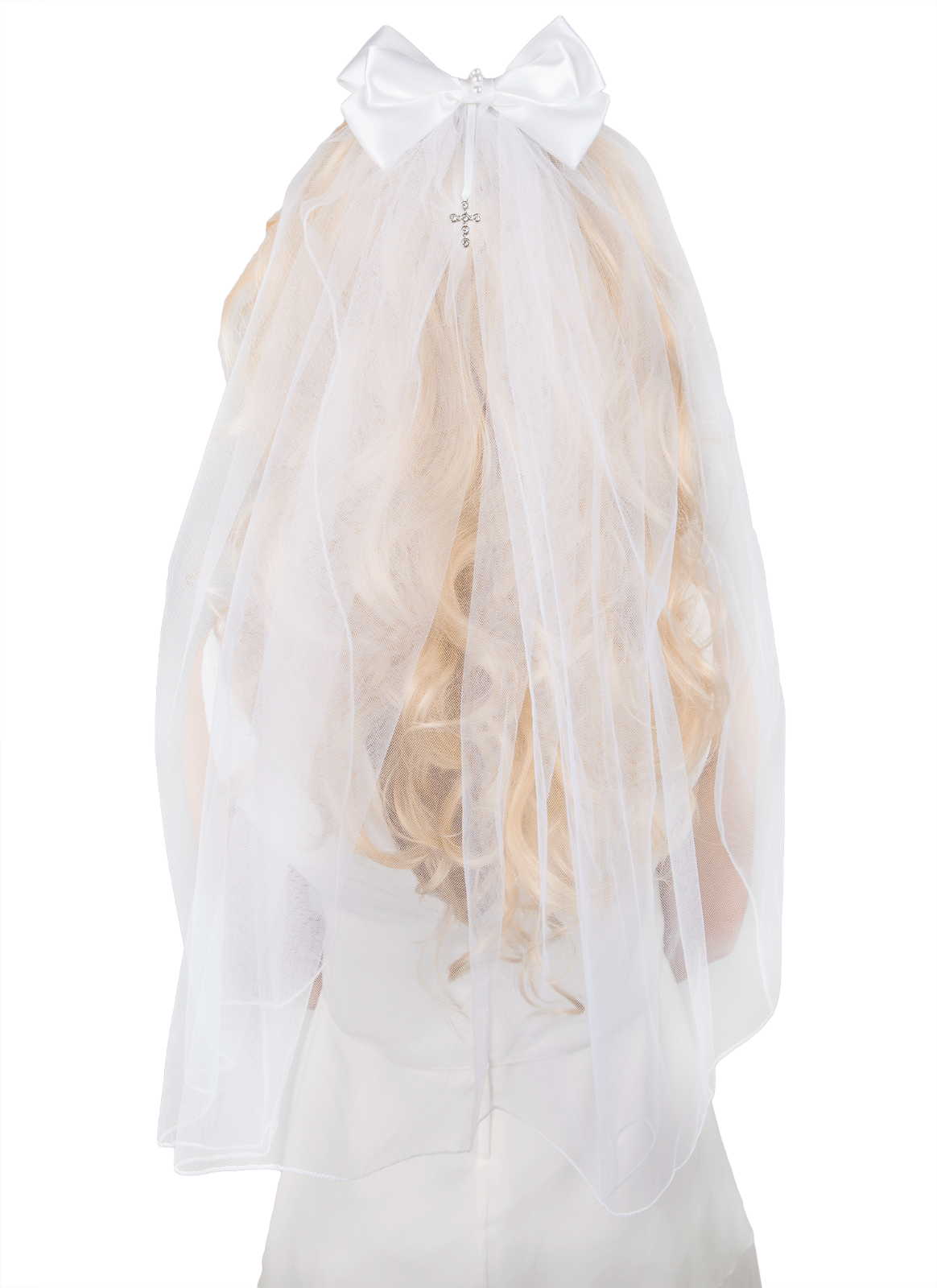 Girl's White First Holy Communion/Confession Veil with Diamante Cross Bow, 21""L