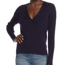 Elodie Faux Wrap Surplice Sweater Ribbed V Neck Knit top Navy Blue SZ M New