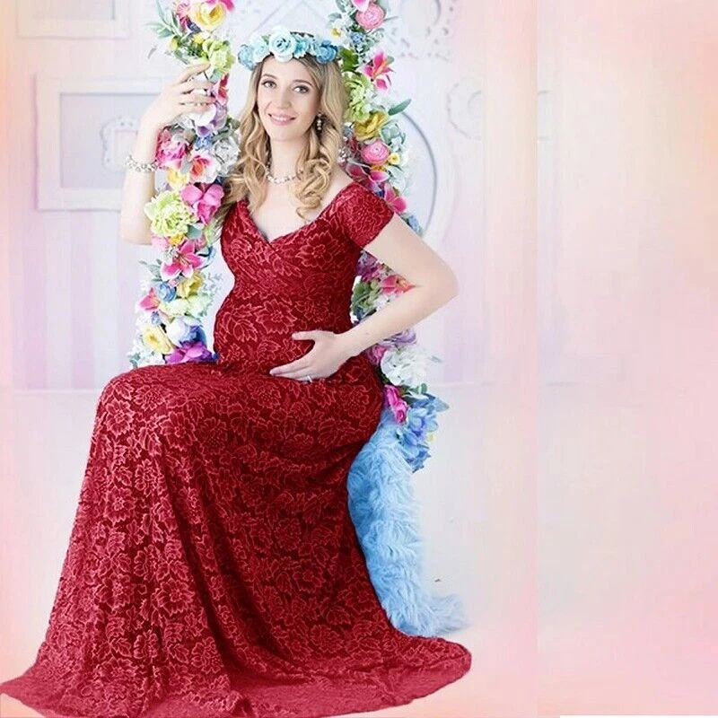 Maternity Dresses Baby Shower Sexy Lace Fancy Pregnancy Dress Photo Shoot Gown - Image 3 of 4