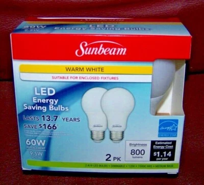 Pack of 2 SUNBEAM LED ENERGY SAVING BULBS 60 Watt Replacement (Actual 9.5) NIP! - Image 1 of 3