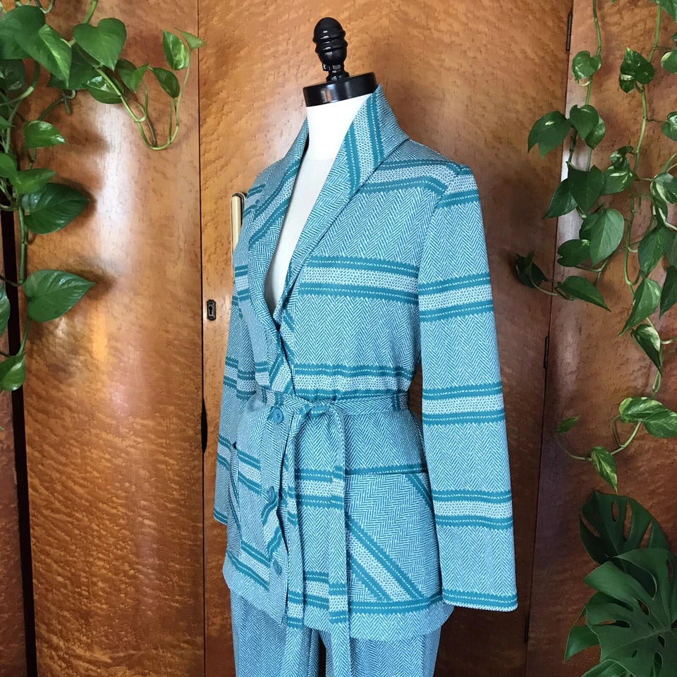 70’s 70s Vintage HERRINGBONE Shawl Collar Jacket Pants Pantsuit Leisure Suit M - Image 4 of 4