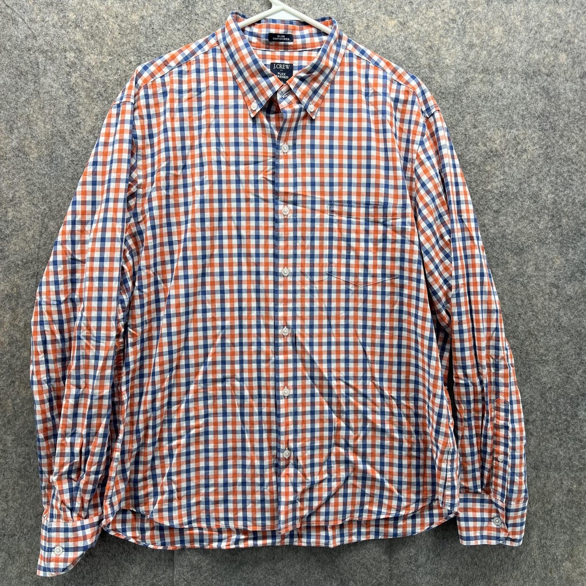 J Crew Shirt Men XL Orange Gingham Button Down Untucked Slim Fit Flex Washed