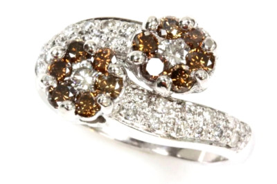 1,25 ctw natürlicher brauner & weißer Diamant massiver 14k Weißgold Bypass Blume Ring