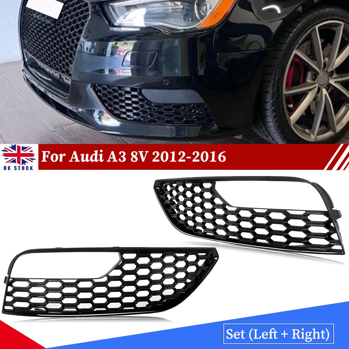 For Audi A3 8V 2012-2016 Gloss Black Front Fog Light Cover Honeycomb Grille
