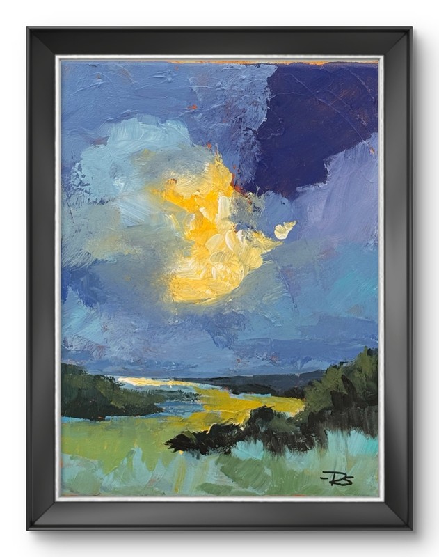 R Stevens Original Dramatic Sky Landscape Painting 9x12 Moody Wetlands Wall Art