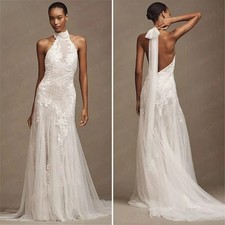 Vintage Halter Mermaid Wedding Dresses Lace Tulle Applique backless Brides Gowns