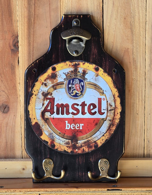 Amstel Beer Wall Mount Plaque, Vintage Look, Solid Wood w/ Bottle Opener & Hooks