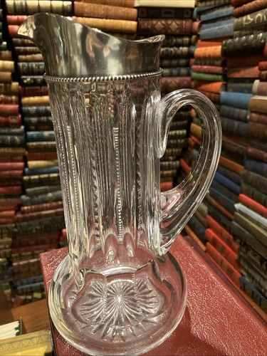 ABP CUT GLASS PITCHER/JUG WITH STERLING SILVER RIM/POURING SPOUT: NOTCHED PRISM