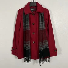 London Fog Collection Red Wool Blend Peacoat with Scarf PM