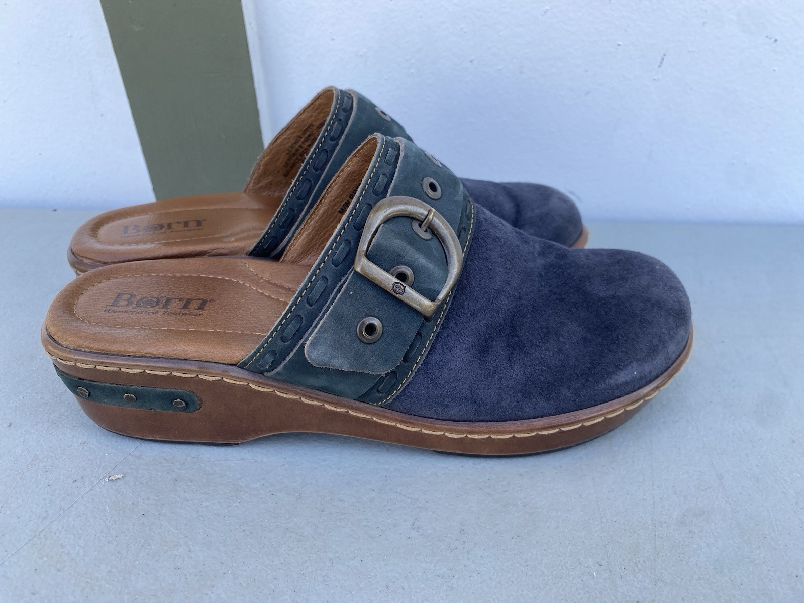 Born Womens 9 Blue Suede Brown Leather Clog Mule Slipon Shoes Buckle Comfort