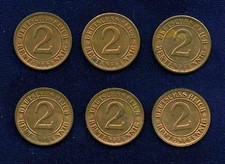 GERMANY WEIMAR REPUBLIC  1924-D 2 REICHSPFENNIG COINS, AU/BU, GROUP LOT OF (6)