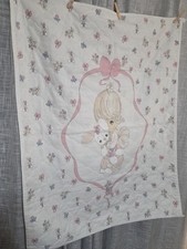 Vintage Precious Moments Pink Baby Quilt Blanket Bunny Girl White Pink 44x34"