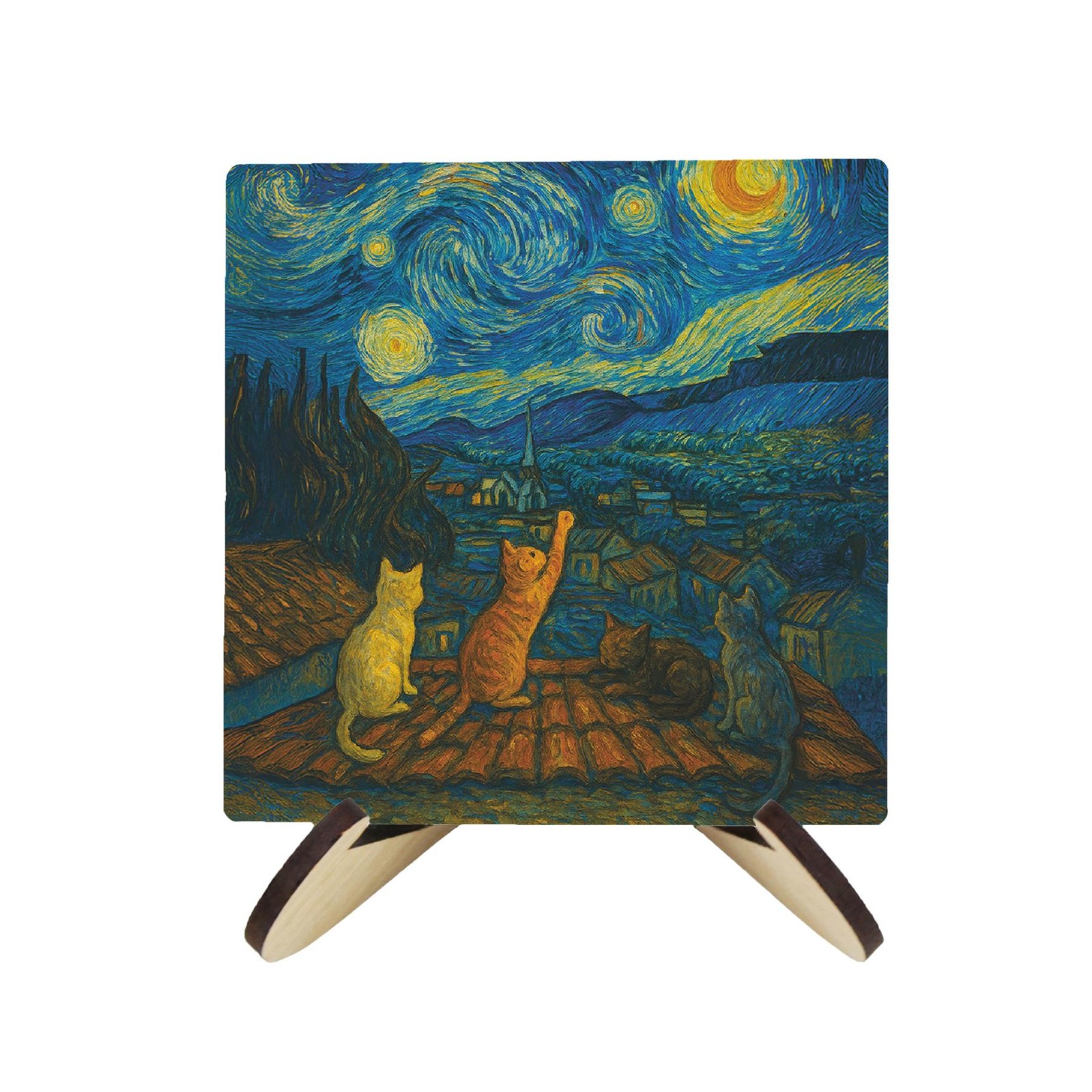 Van Gogh Cats Starry Night Ceramic Coaster Gift - Set of Four With Stand