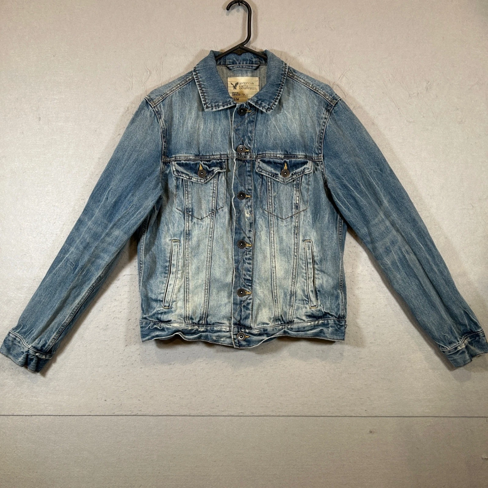 Y2K American Eagle Denim Jacket Men's Medium Stonewashed Distressed Blue