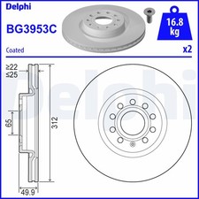 Image of BRAKE DISC DELPHI BG3953C FRONT AXLE FOR ,AUDI,AUDI (FAW),CUPRA,SEAT,SKODA,SKODA
