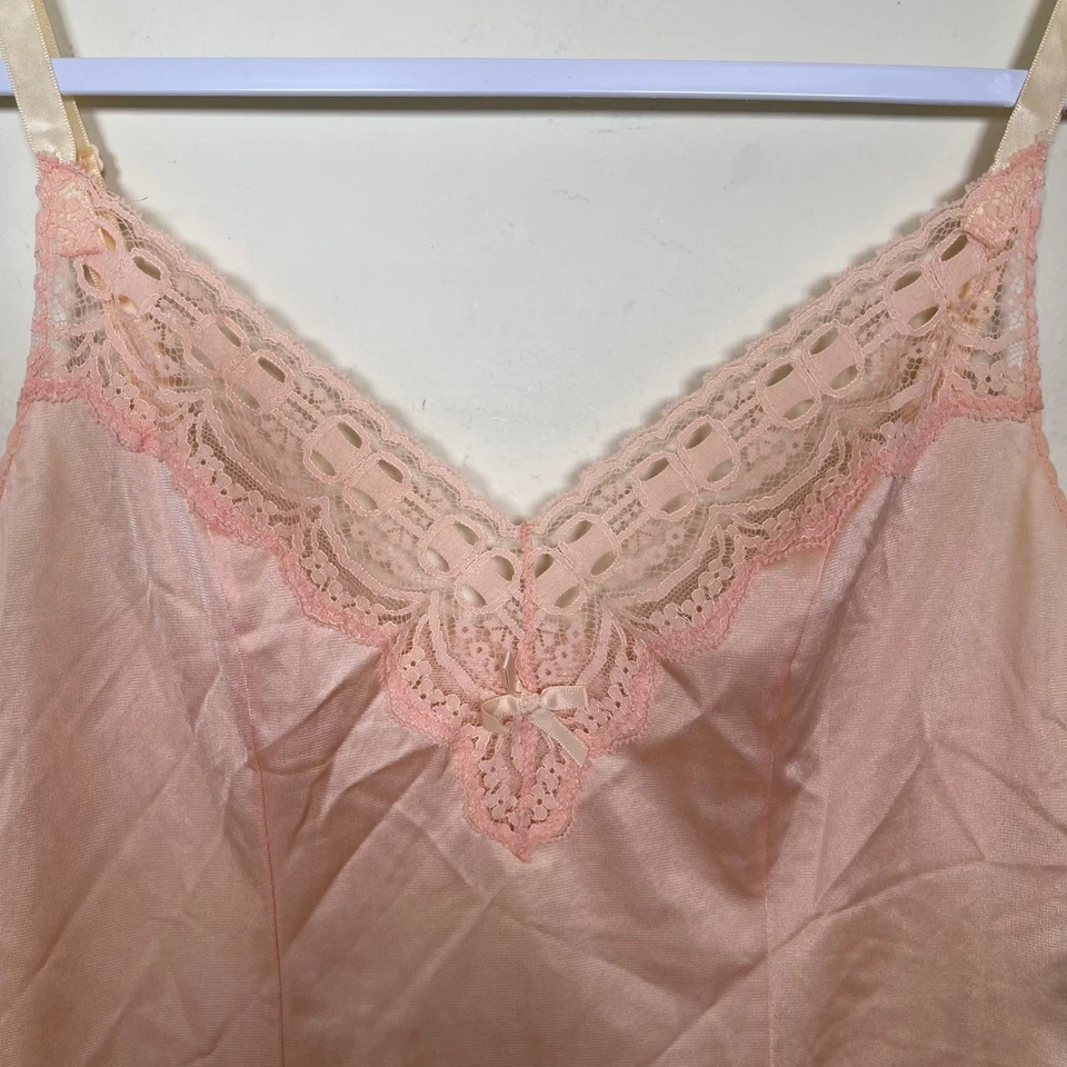 Top Cami de Colección Olga Años 70 80 Estilo 1073 Rosa Melocotón Nylon Floral Encaje 32 Lazos Foto 2 de 4