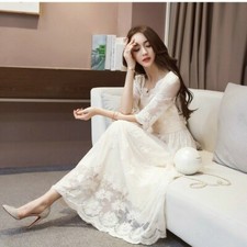Women Lace Midi Dress Mesh Ruffle Floral Square Collar Evening Retro Fairy