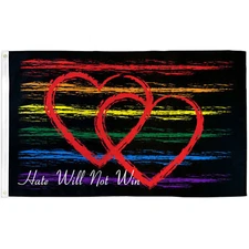 HATE WILL NOT WIN 2 HEARTS / RAINBOW 3'X5'  POLY FLAG