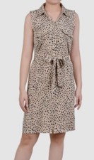 NY Collection Womens Beige Printed Sleeveless Belted Shirt Dress Petite Size PXL