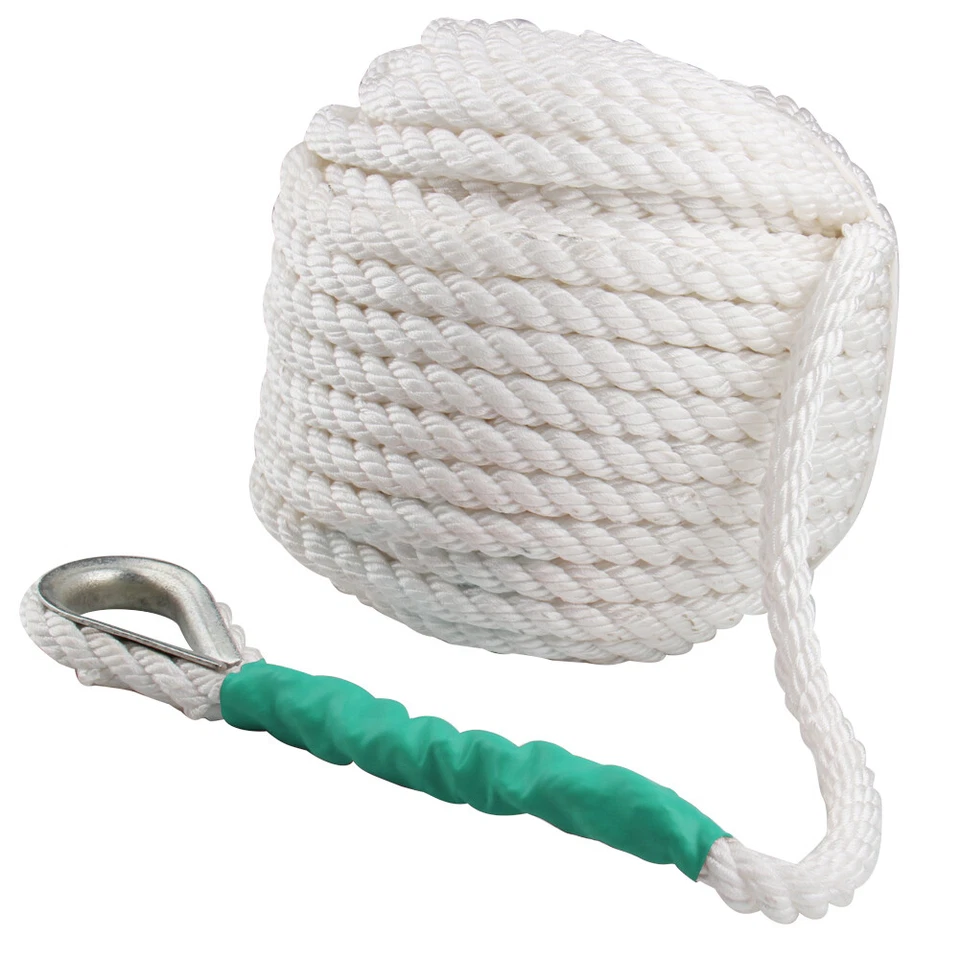 Cuerda de anclaje de nailon blanco trenzada de tres hilos de 1/2"x200' bote trenzado con dedal Foto 3 de 4