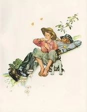 1977 VINTAGE "GRANDPA & ME" SUMMER NORMAN ROCKWELL MINI POSTER COLOR Lithograph