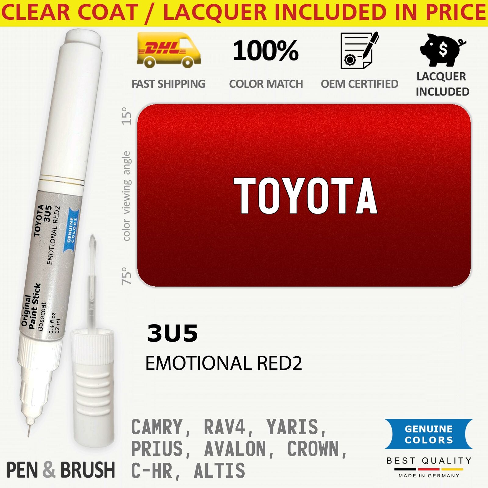 3U5 Touch Up Paint for Toyota Red CAMRY RAV4 YARIS PRIUS AVALON CROWN C HR ALTIS