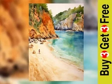 Golden Cliffside Ocean View 5"x7" Print on Matte Paper | Peaceful Beach Painting