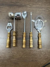 VTG Bar Tools 5 Piece Set W/ Carved Wood Handles, Stainless Steel- Taiwan 