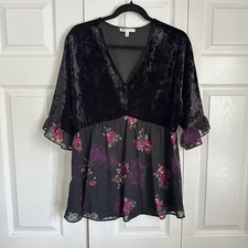 DR2 Tunic Top Womens L Black Velvet Floral Sheer Ruffle Boho Peplum Whimsigoth