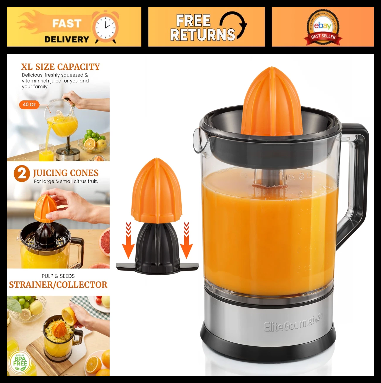 Compact 40W Electric Citrus Juicer, BPA-Free, 1.2L, Pulp Control, Easy Pour Spou