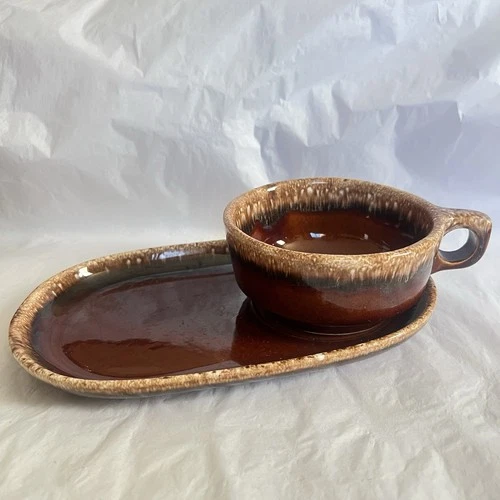 VTG Hull Pottery Brown Drip Soup Mug Snack Tray Sandwich Oven Proof 1960’s MCM
