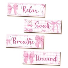 4 Pcs Pink Wall Decor, Pink Bathroom Room Decor for Teen Girls, Relax Soak