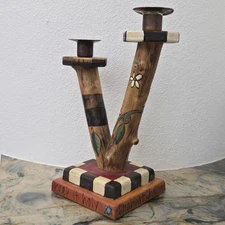 Vintage 2002 Wood Candle Holder Shabbat Shalom Sticks Art Hanukkah Handmade Gift