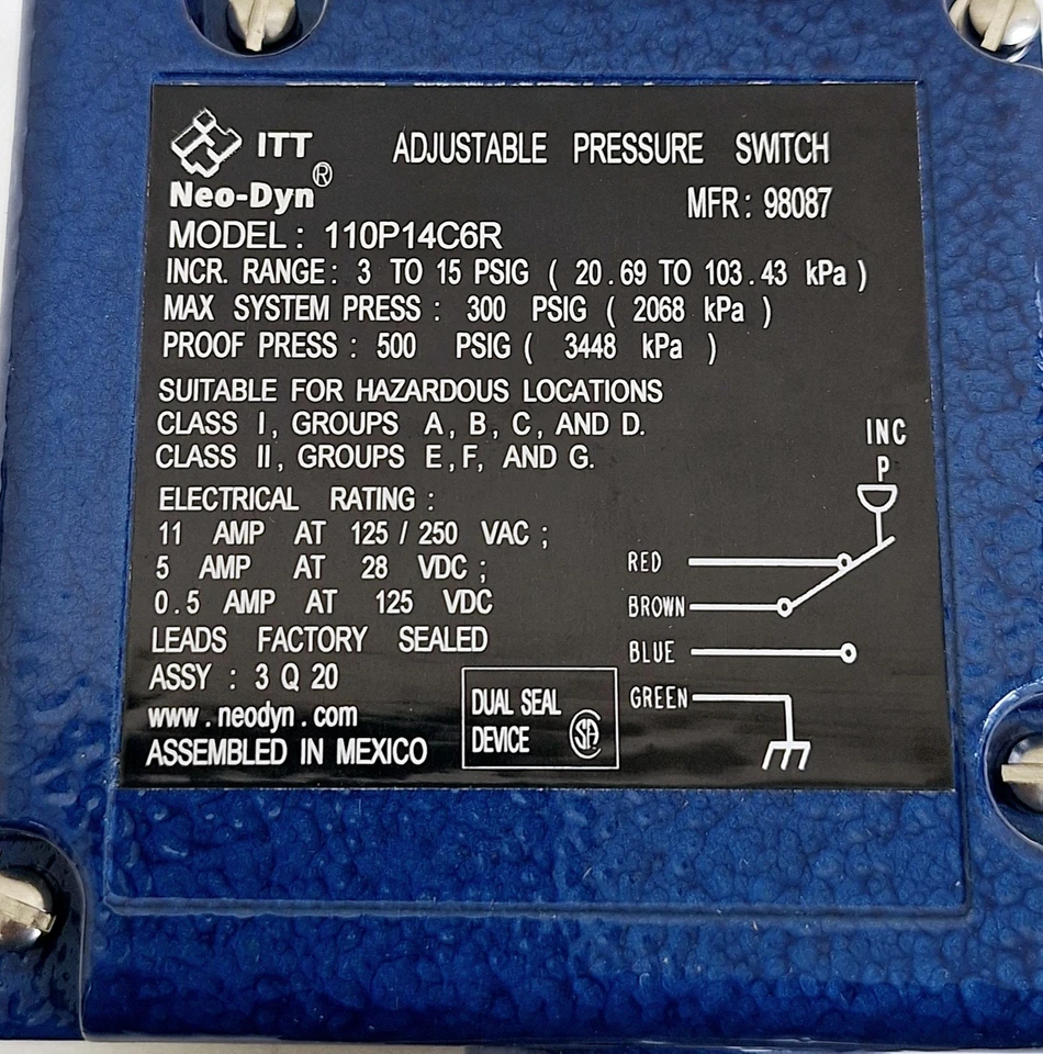 Interruptor de presión ajustable ITT Neo-Dyn 110P14C6R de 3 a 15 PSIG Foto 2 de 4