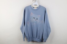 Vintage 90s Streetwear Womens Medium Faded Cat Kitten Heart Sweatshirt Blue